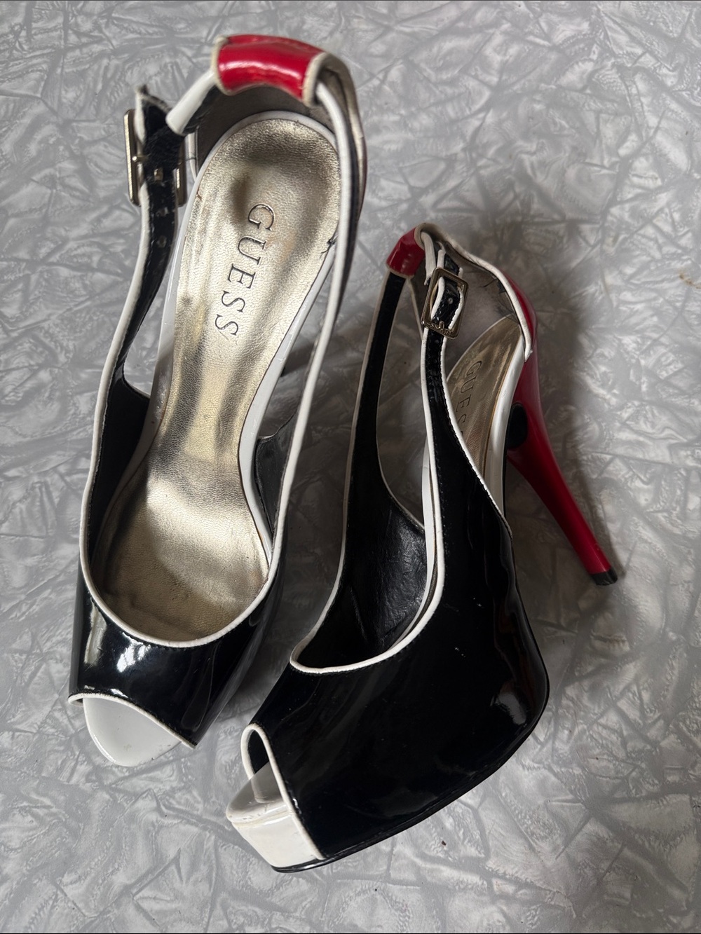 Vintage GUESS Black Patent Peep-Toe Slingbacks with Red Heel and White Trim
